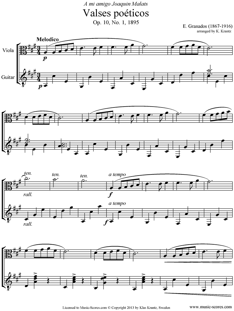 Front page of Valses Poeticos: Op.10 No.1: Viola, Guitar sheet music