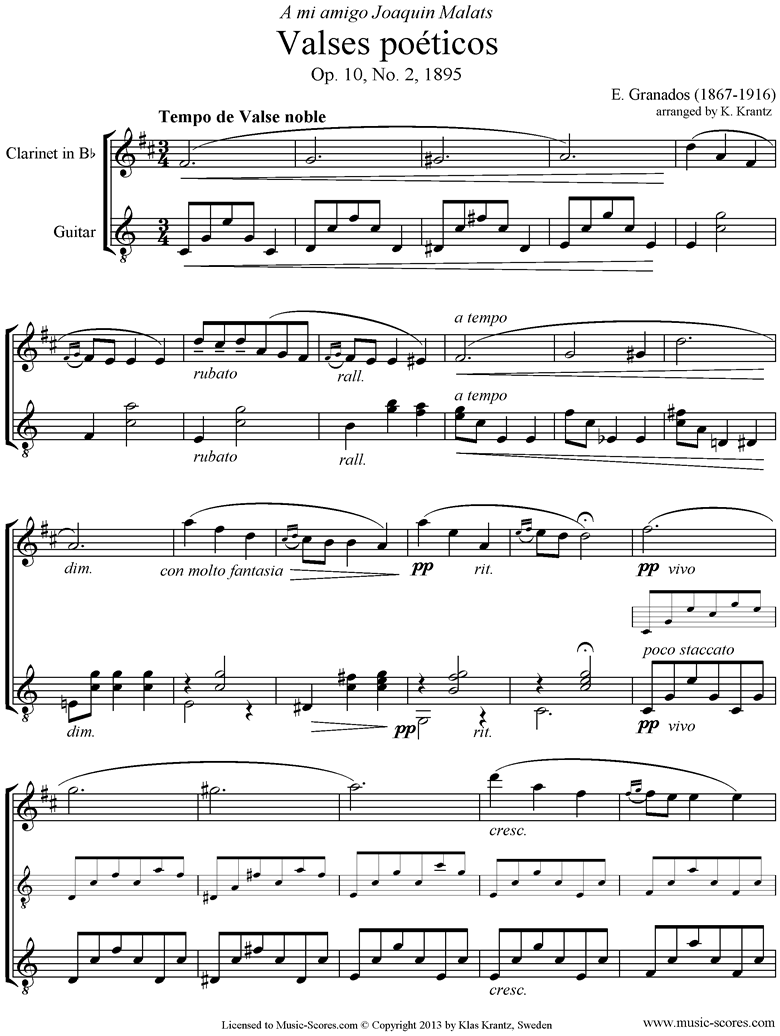 Front page of Valses Poeticos: Op.10 No.2: Clarinet, Guitar sheet music