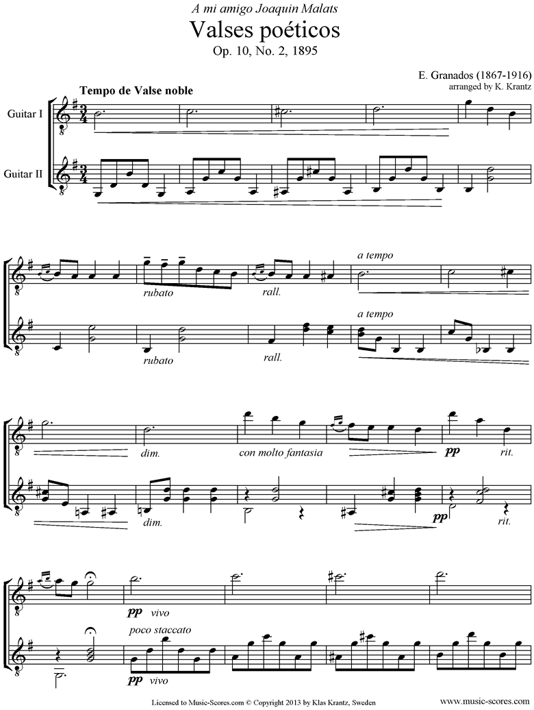 Front page of Valses Poeticos: Op.10 No.2: 2 Guitars sheet music