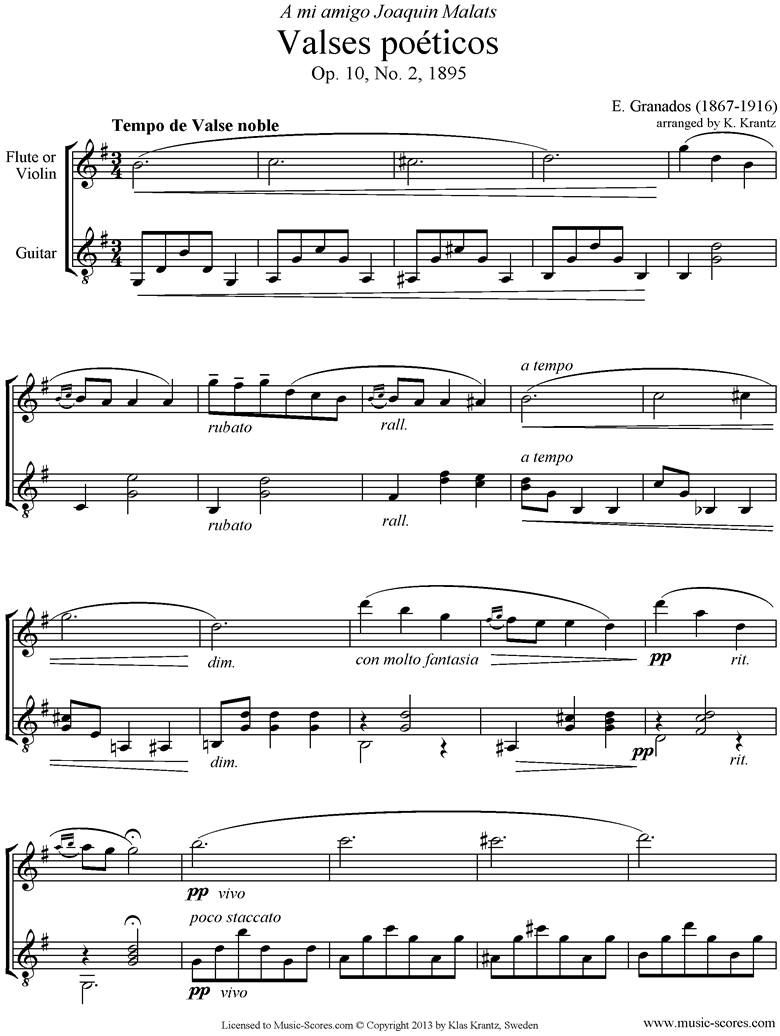 Front page of Valses Poeticos: Op.10 No.2: Violin, Guitar sheet music