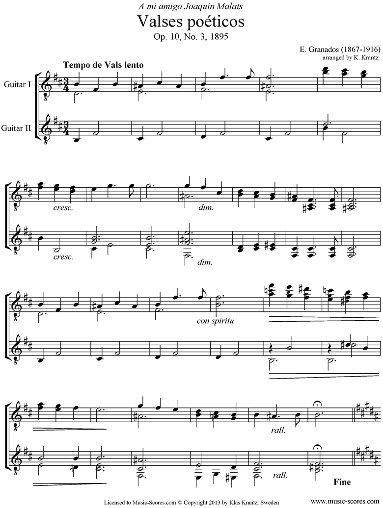 Front page of Valses Poeticos: Op.10 No.3: 2 Guitars. sheet music