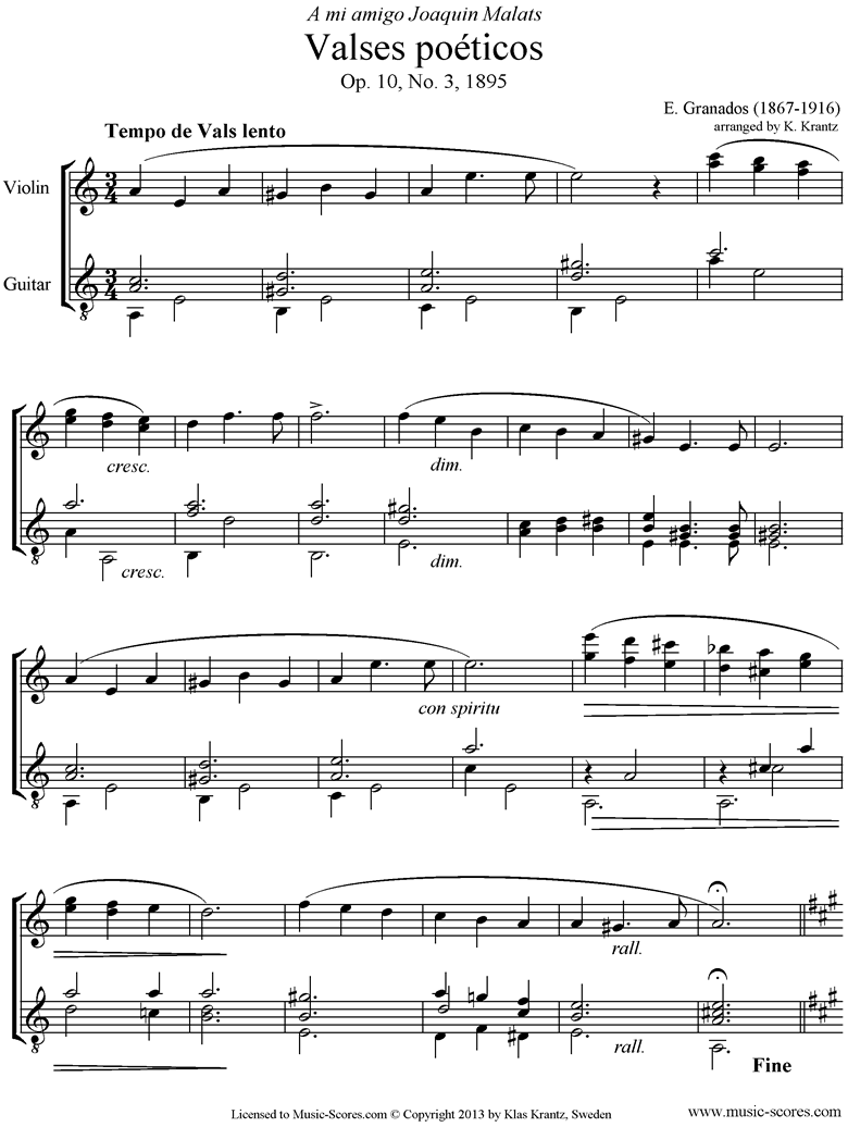 Front page of Valses Poeticos: Op.10 No.3: Violin, Guitar. sheet music