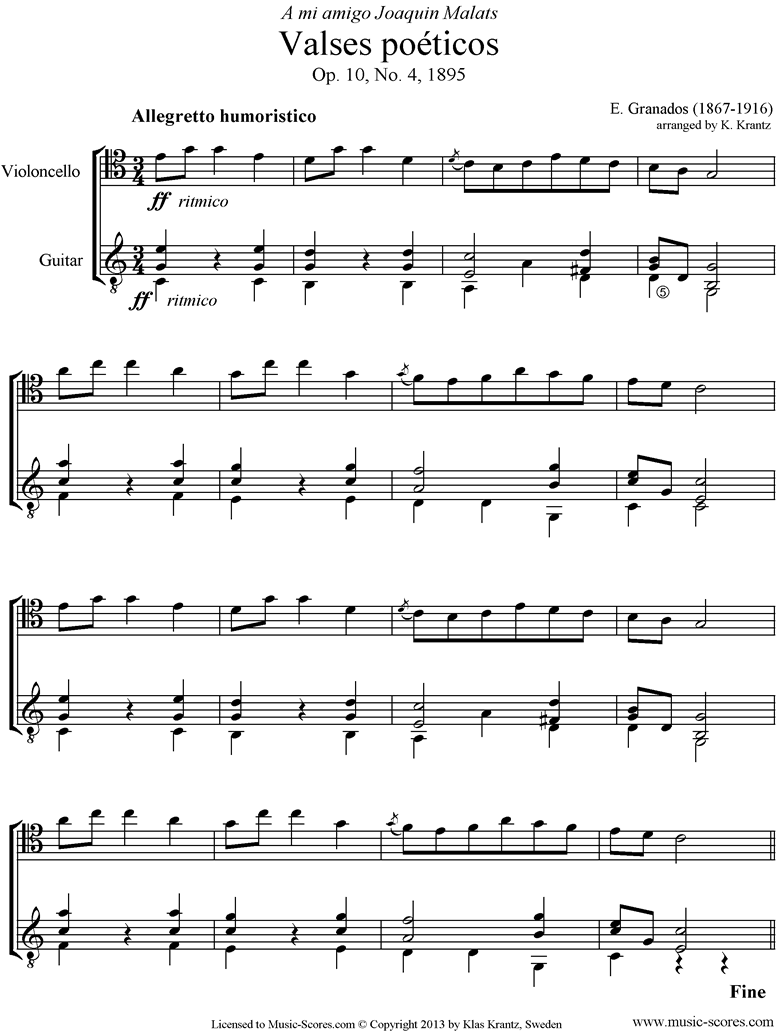 Front page of Valses Poeticos: Op.10 No.4: Cello, Guitar sheet music
