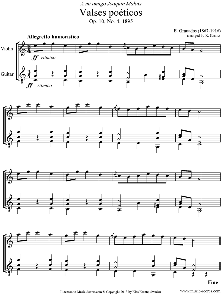 Front page of Valses Poeticos: Op.10 No.4: Violin, Guitar sheet music