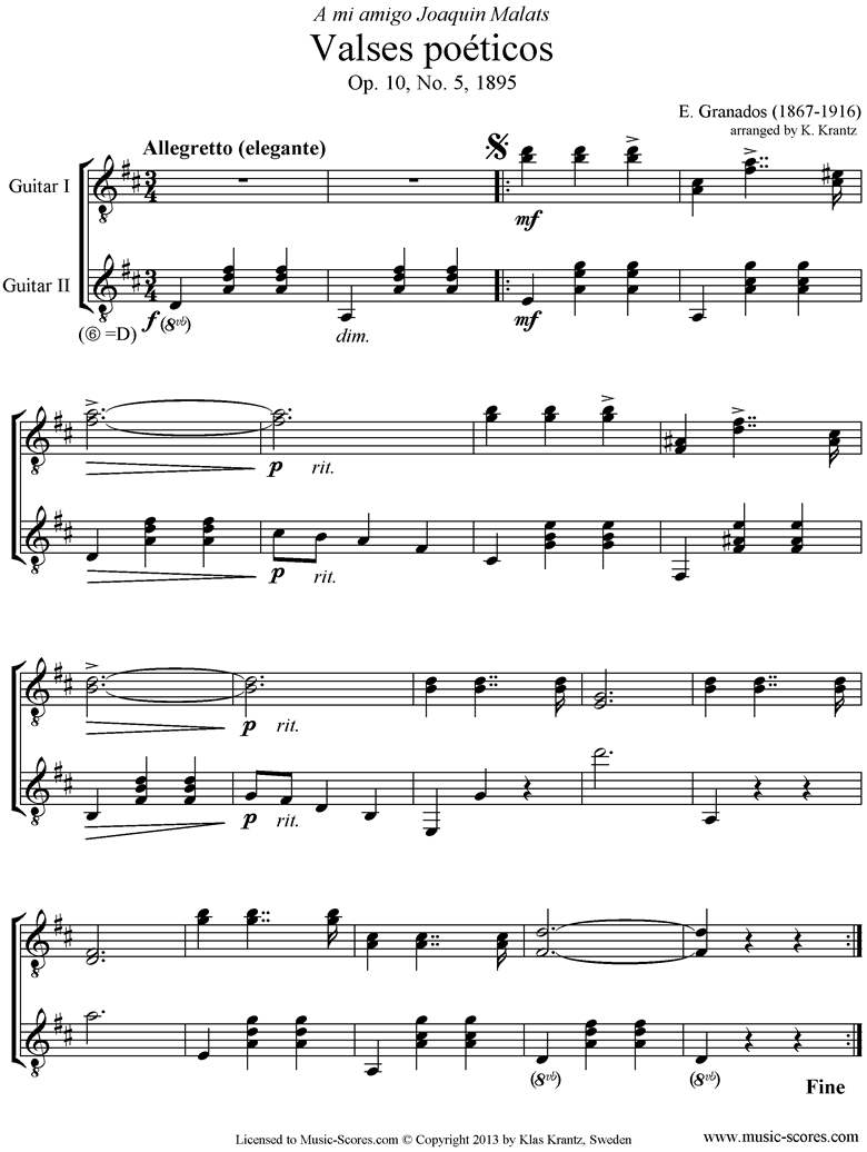 Front page of Valses Poeticos: Op.10 No.5: 2 Guitars sheet music