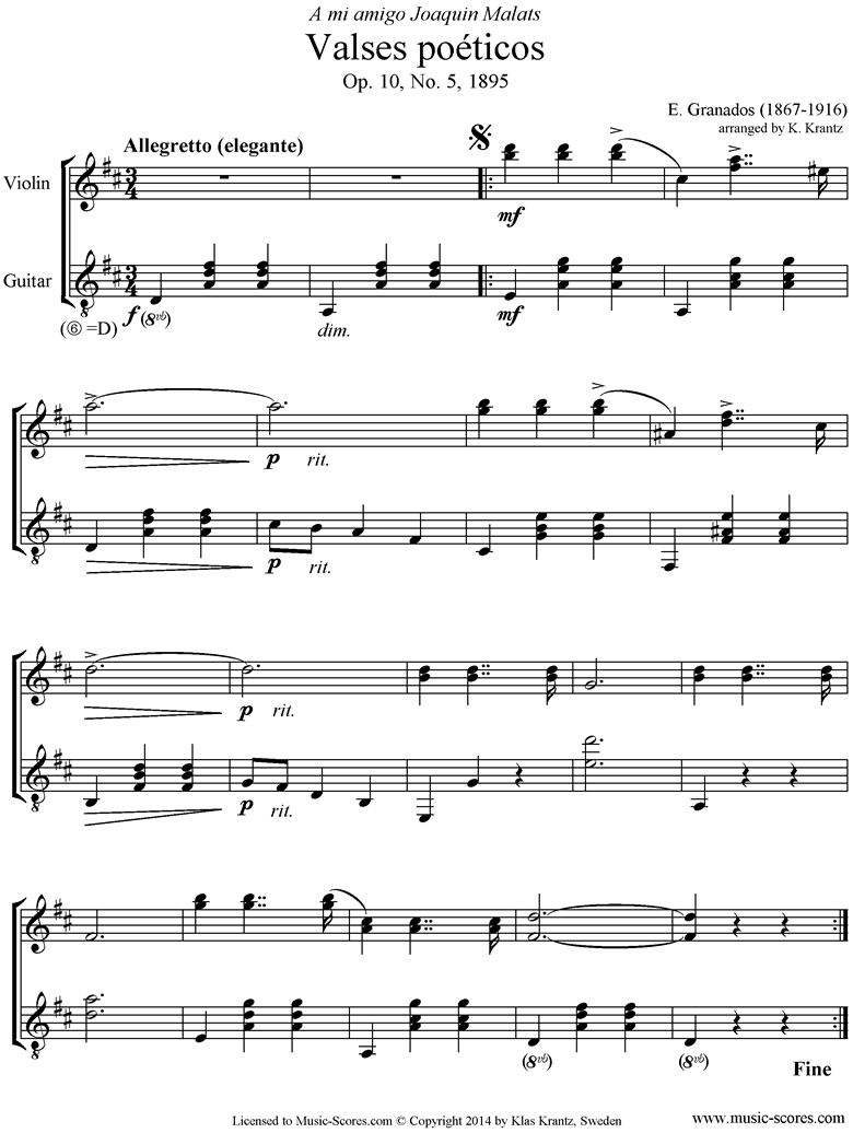 Front page of Valses Poeticos: Op.10 No.5: Violin, Guitar sheet music