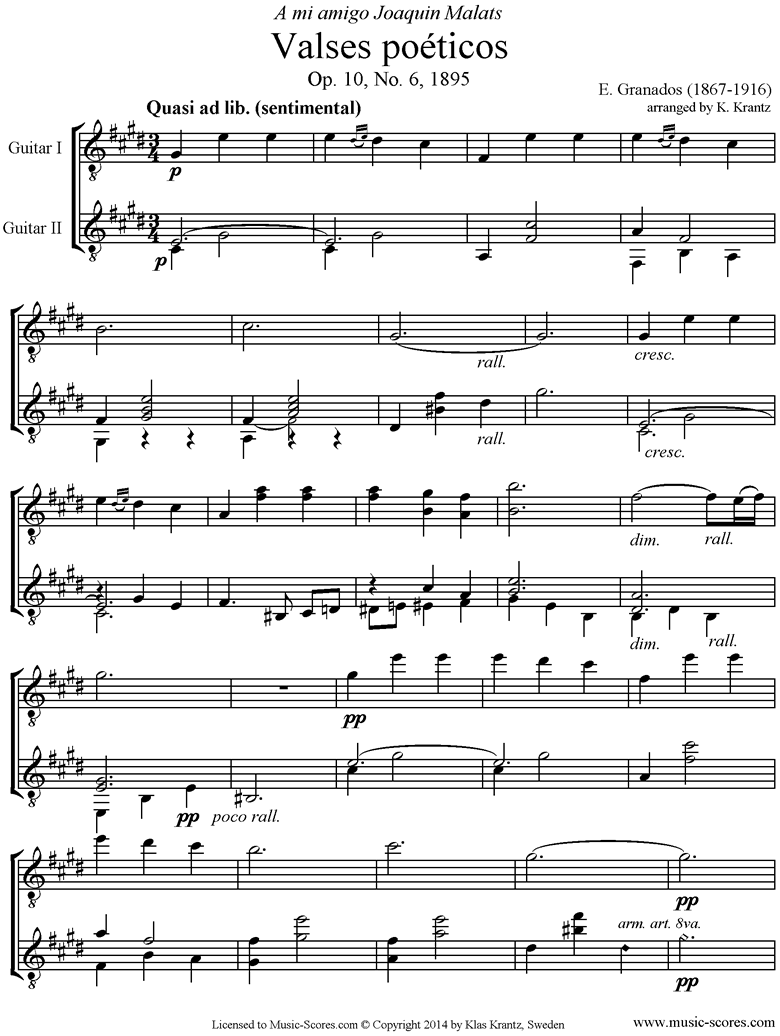 Front page of Valses Poeticos: Op.10 No.6: 2 Guitars sheet music