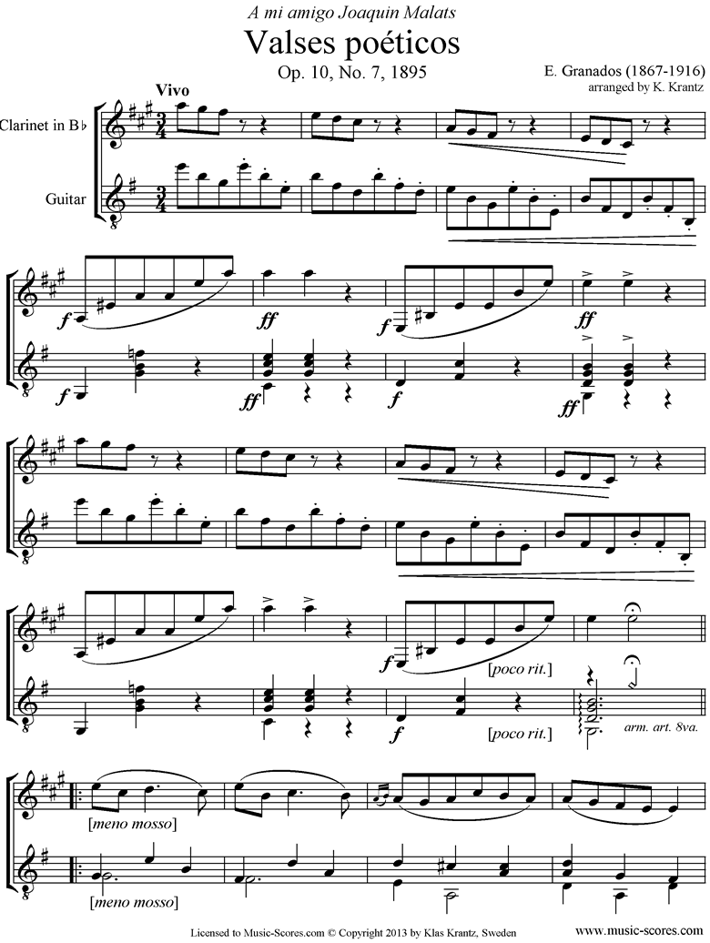 Front page of Valses Poeticos: Op.10 No.7: Clarinet, Guitar sheet music
