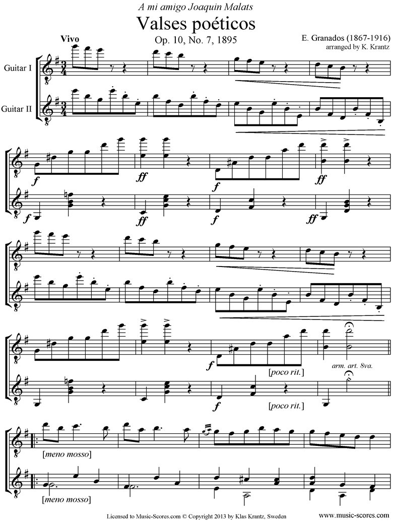 Front page of Valses Poeticos: Op.10 No.7: 2 Guitars sheet music