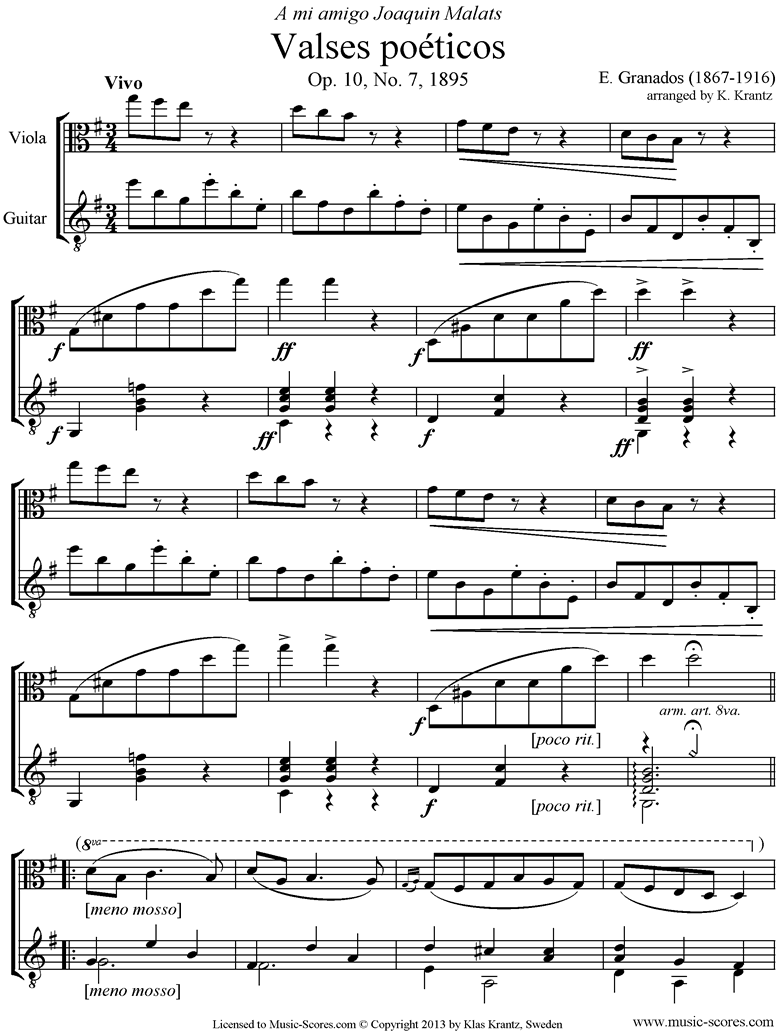 Front page of Valses Poeticos: Op.10 No.7: Viola, Guitar sheet music