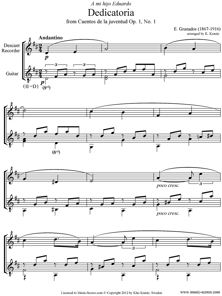 Front page of Dedicatoria: Op.1 No.1: Descant Recorder, Guitar. sheet music