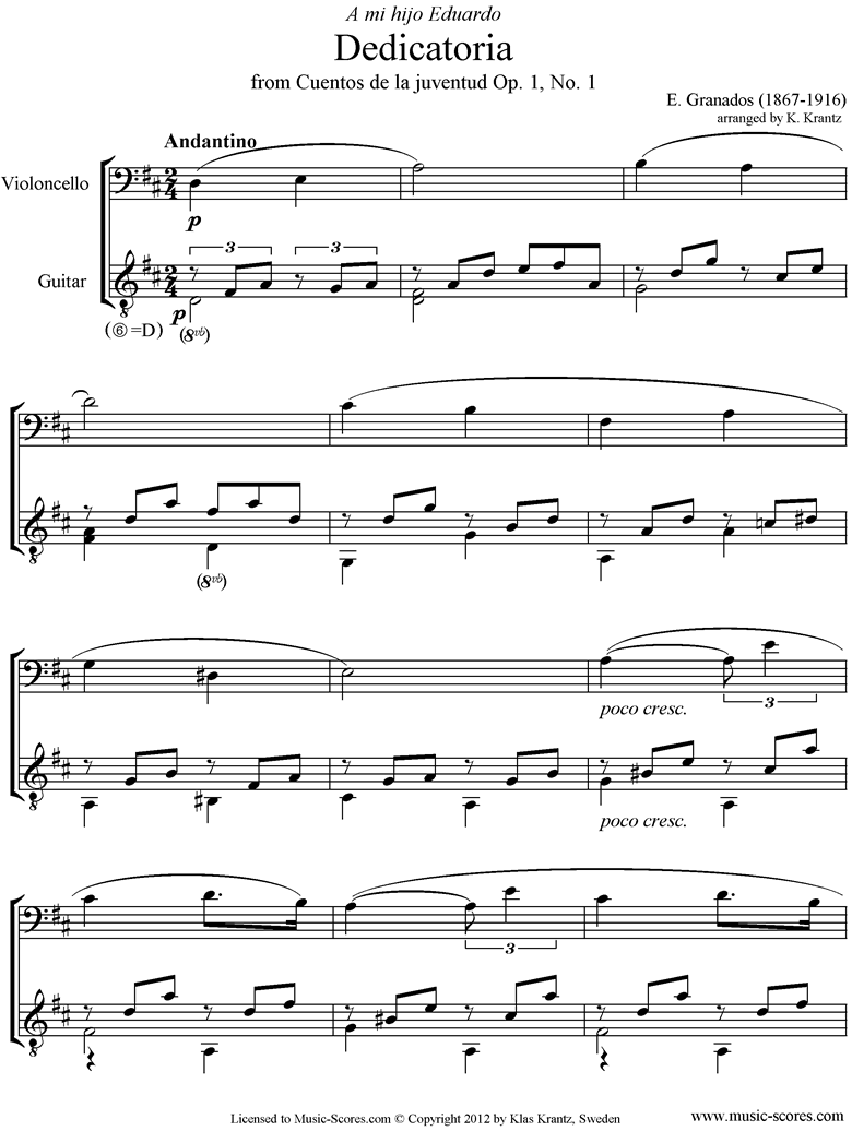 Front page of Dedicatoria: Op.1 No.1: Cello, Guitar. sheet music