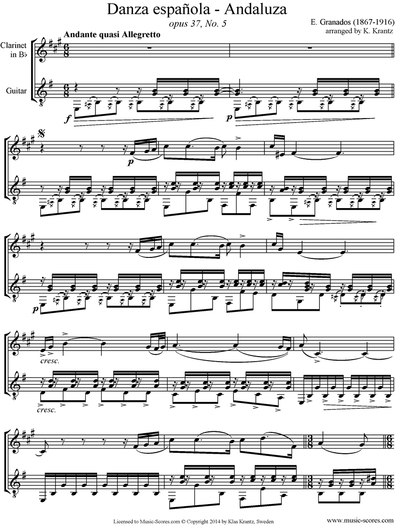 Front page of Danzas Espanolas No. 5: Andaluza Clarinet, Guitar sheet music