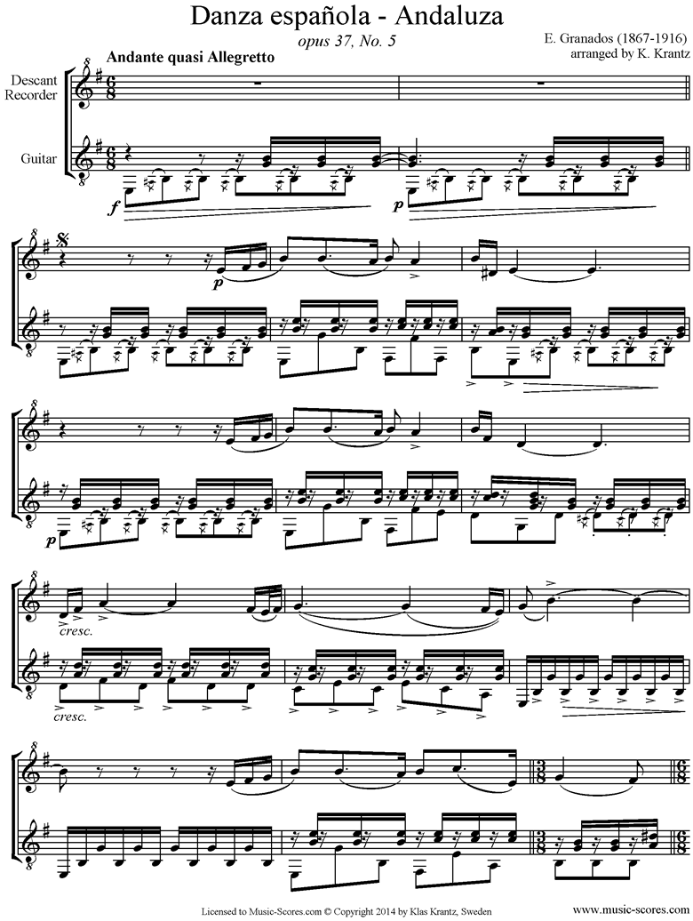 Danzas Espanolas No. 5: Andaluza Descant Recorder, Guitar. by Granados