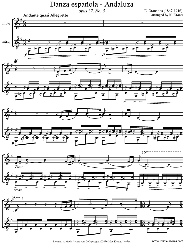 Front page of Danzas Espanolas No. 5: Andaluza Flute, Guitar. sheet music