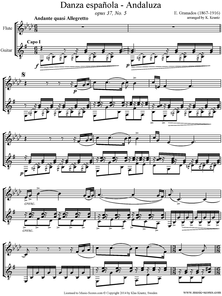 Danzas Espanolas No. 5: Andaluza Flute, Guitar. Fmi by Granados