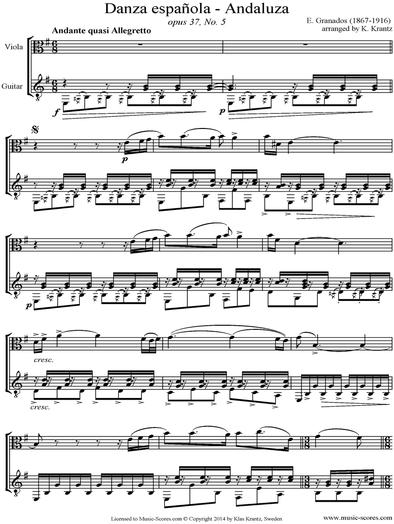 Front page of Danzas Espanolas No. 5: Andaluza Viola, Guitar. sheet music