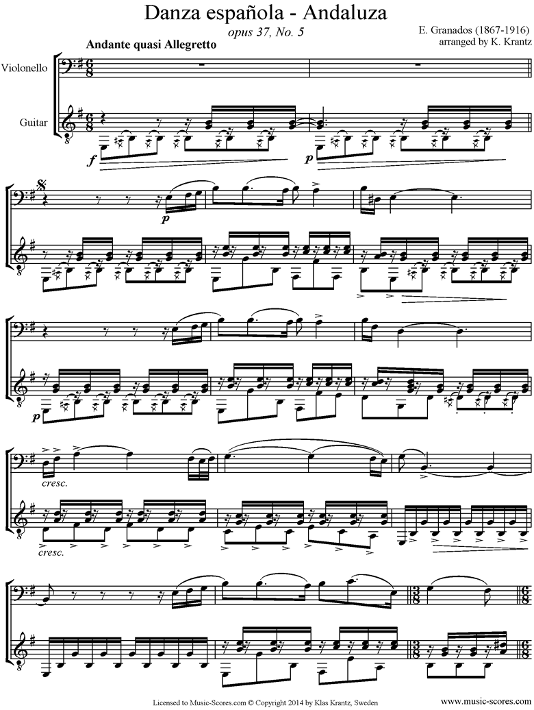 Front page of Danzas Espanolas No. 5: Andaluza Cello, Guitar. sheet music