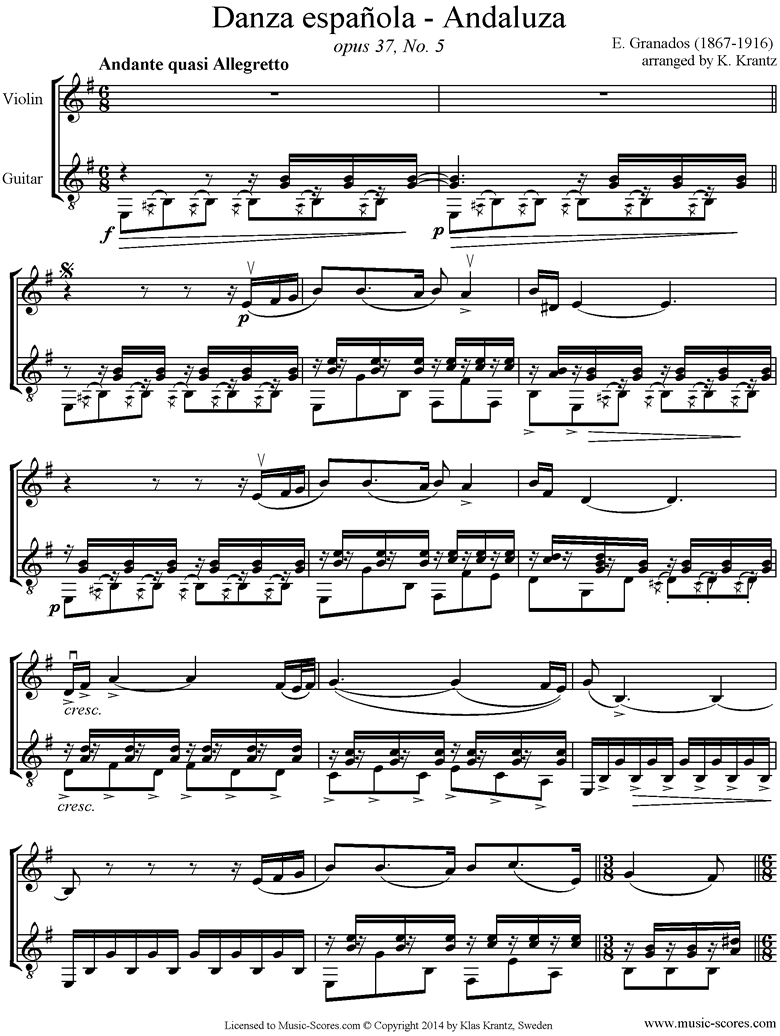 Front page of Danzas Espanolas No. 5: Andaluza Violin, Guitar. sheet music