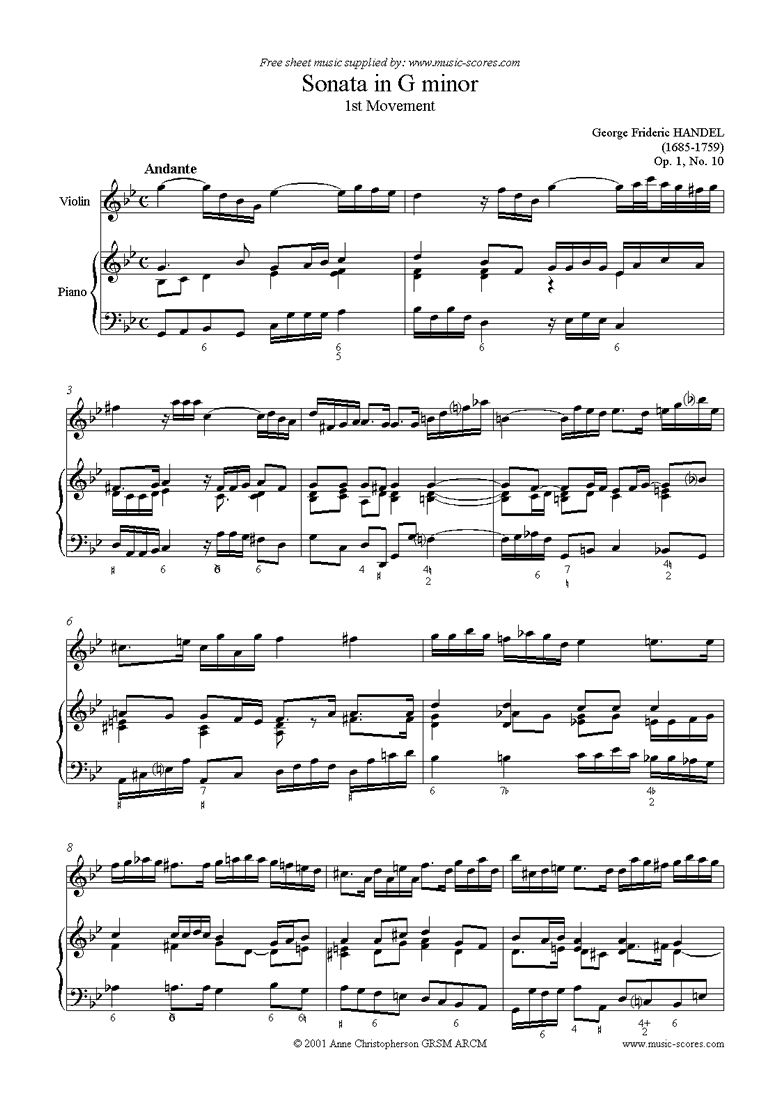 Front page of Sonata in G minor, 1st Movement: Op. 1, No. 10: Violin sheet music