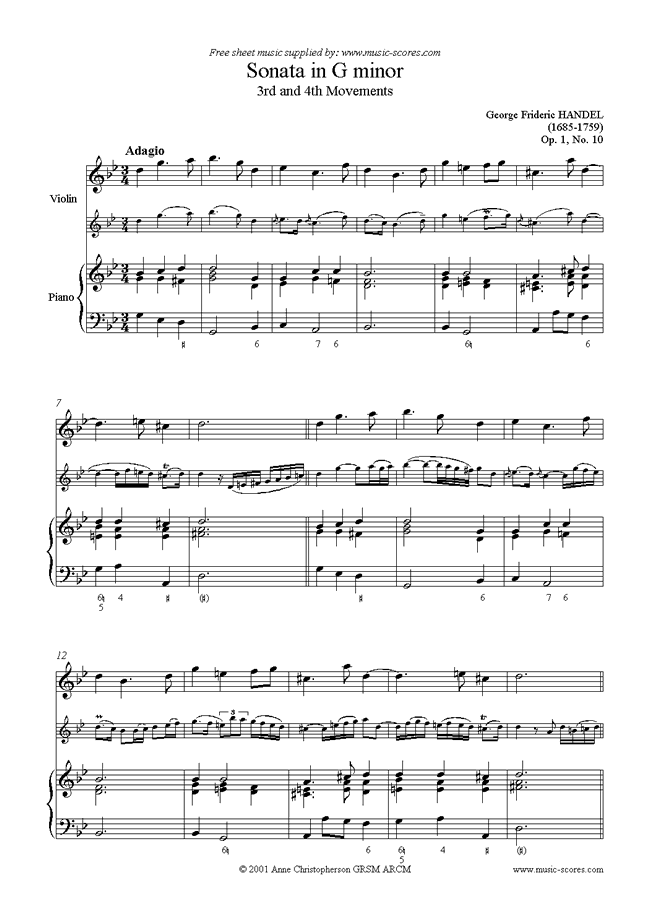 Front page of Sonata in G mi, 3rd and 4th Movements: Op.1, No.10: Violin sheet music