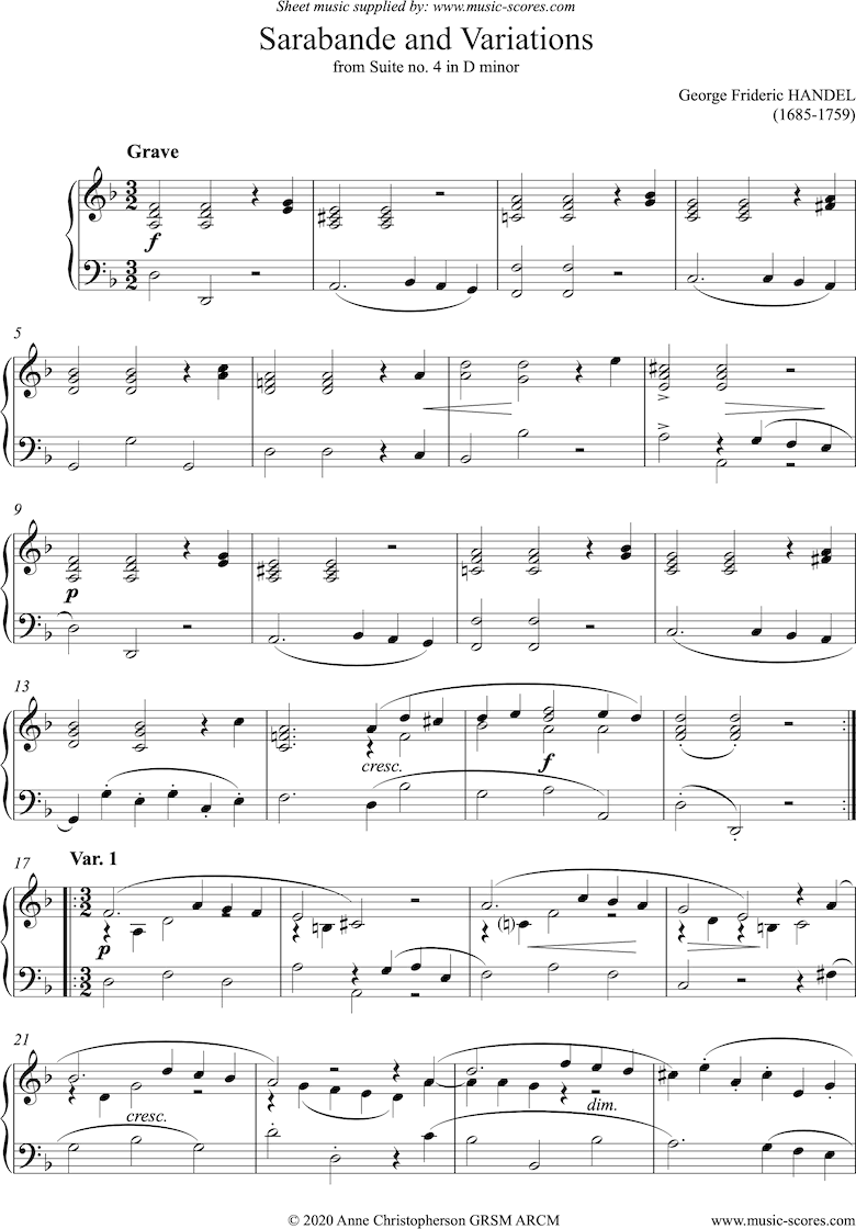 Front page of Sarabande and Variations: Suite No. 4 in D minor: Piano or Harpsichord sheet music