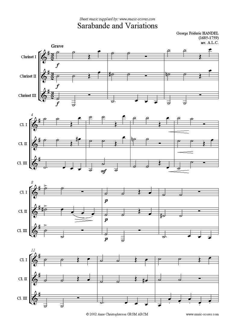 Front page of Sarabande and Variations: Suite No. 4 in Dmi: 3 Clarinets sheet music