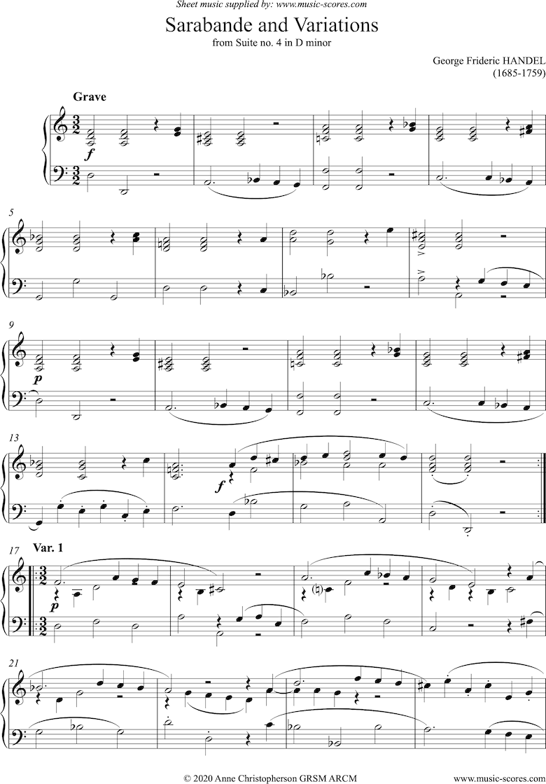 Front page of Sarabande and Variations: Suite No. 4 in D minor: Piano or Harpsichord sheet music