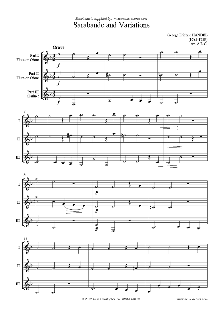 Front page of Sarabande and Variations: Suite No. 4 in Dmi: Fl, Ob, Cl sheet music