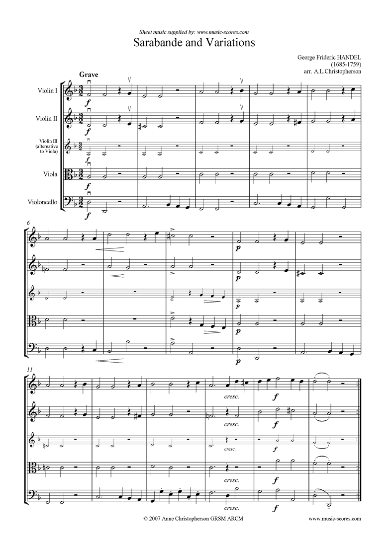 Front page of Sarabande and Variations: Suite No. 4 Dmi: String 4 sheet music
