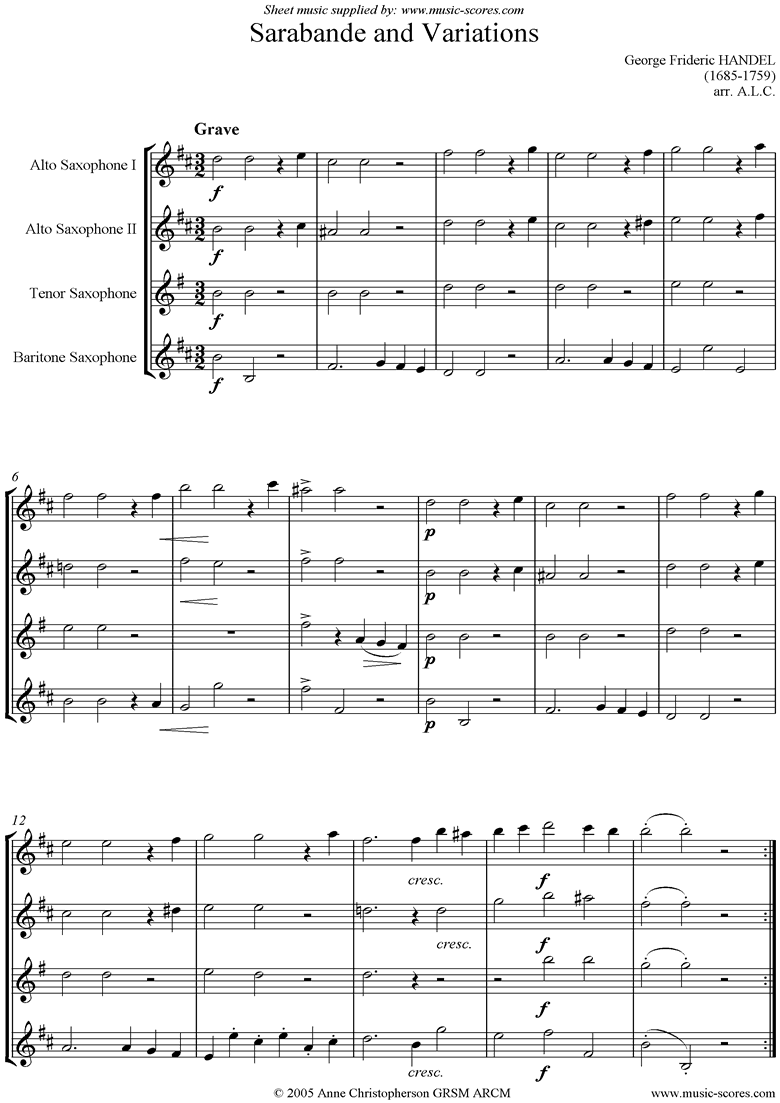 Front page of Sarabande and Variations: Suite No. 4 in Dmi: Wind sheet music