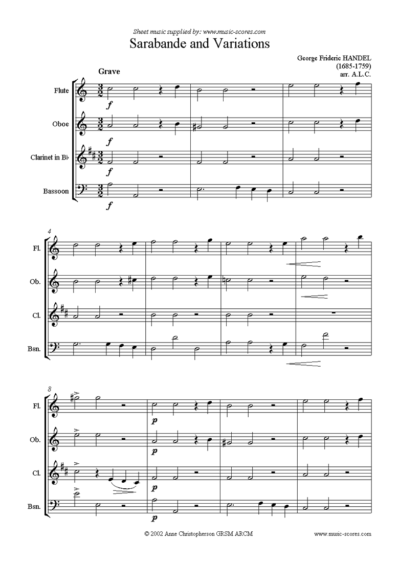 Front page of Sarabande and Variations: Suite No. 4 in Dmi: Flute, Ob, Cl, Fg sheet music