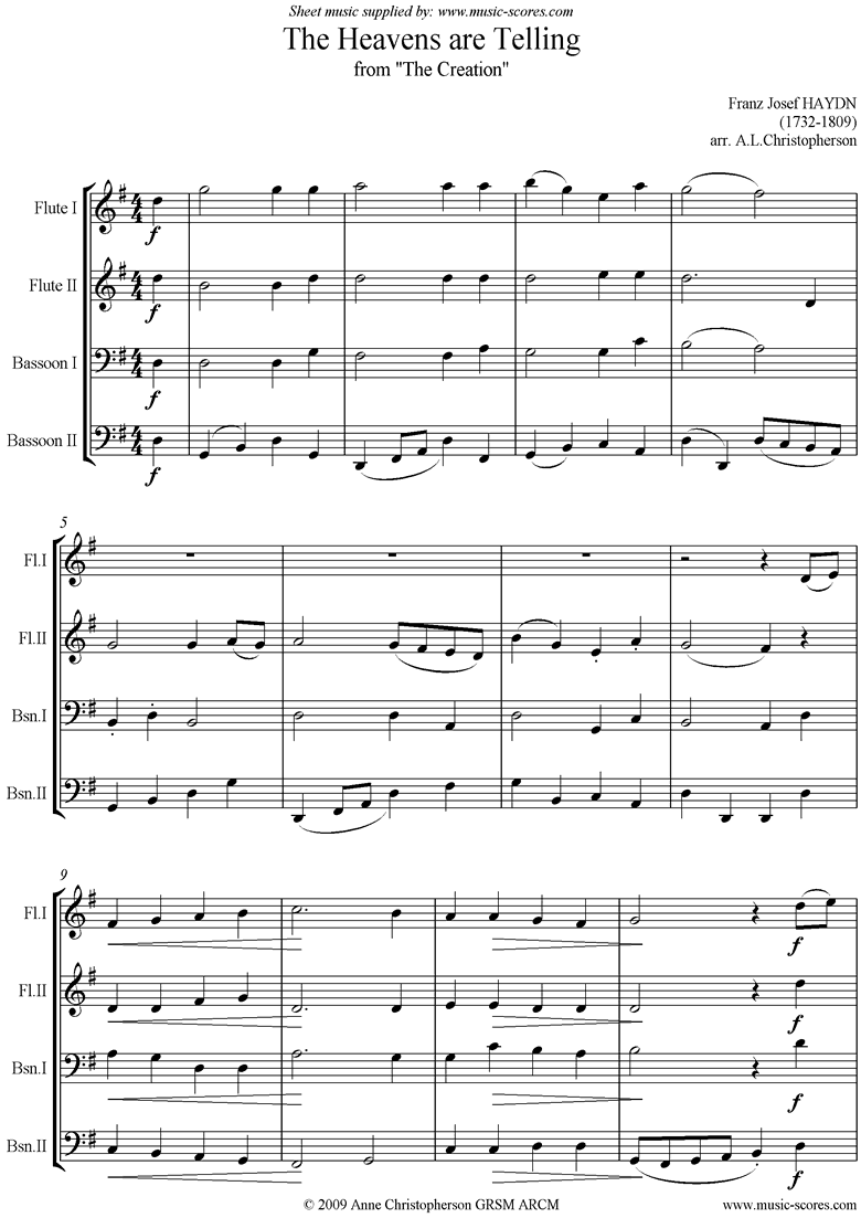 Front page of The Creation: The Heavens are Telling: 2 Fl, 2 Fg sheet music