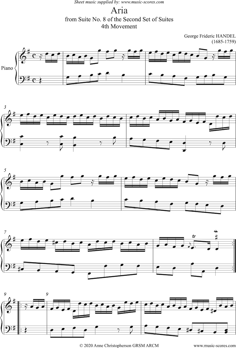 Front page of Aria: from Suite No. 8, 2nd Set: Piano or Harpsichord sheet music