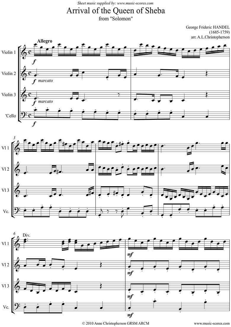 Solomon: Arrival of the Queen of Sheba: 3Vns Vc. C ma by Handel