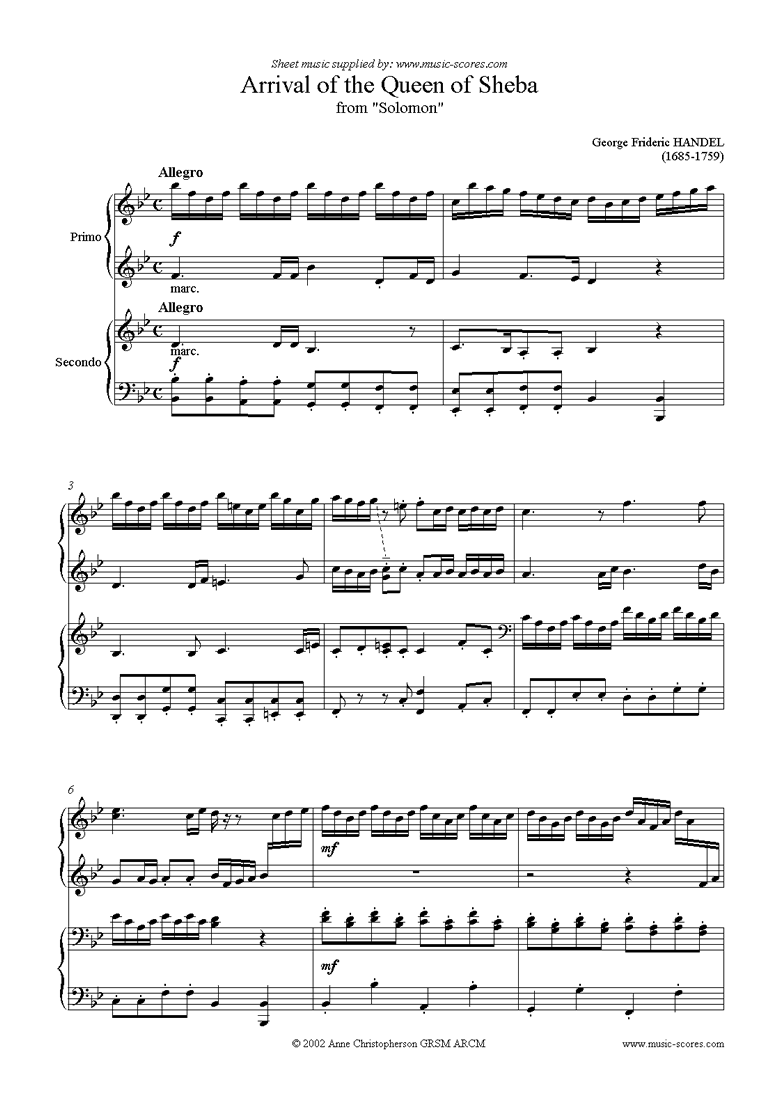 Front page of Solomon: Arrival of the Queen of Sheba: Piano Duet sheet music