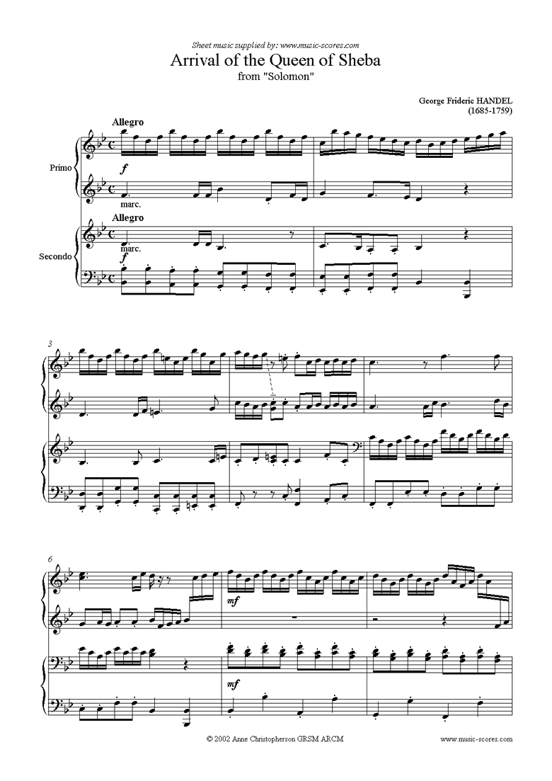 Solomon: Arrival of the Queen of Sheba: Piano Duet by Handel