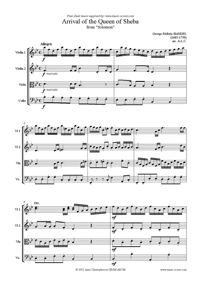 Solomon: Arrival of the Queen of Sheba: String 4 by Handel