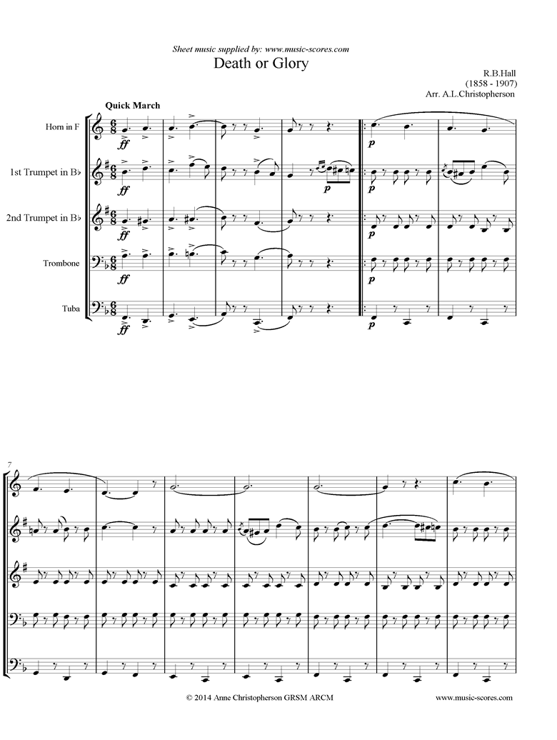 Front page of Death or Glory march: Brass Quintet sheet music