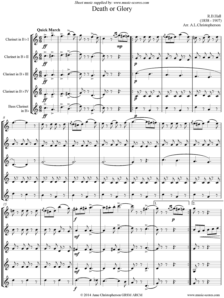 Front page of Death or Glory march: Clarinet Quintet sheet music