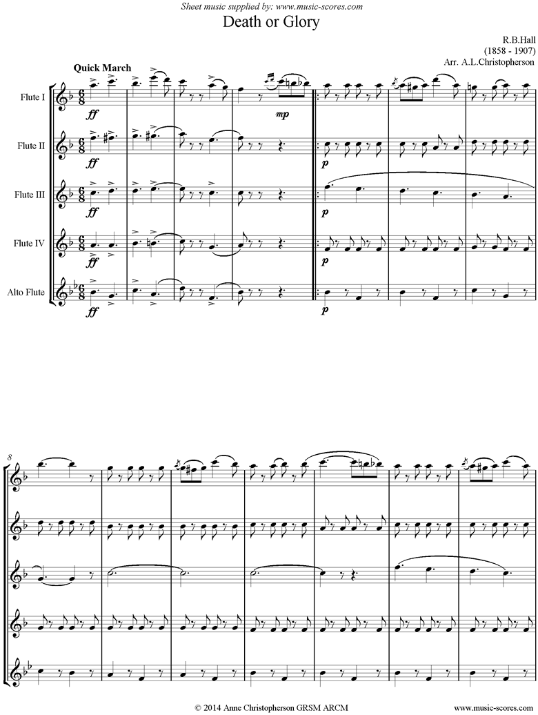 Front page of Death or Glory march: Flute Quintet sheet music