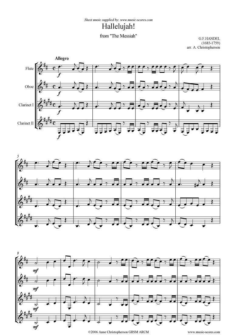 Front page of Messiah: Hallelujah Chorus: flute oboe, 2clarinets sheet music