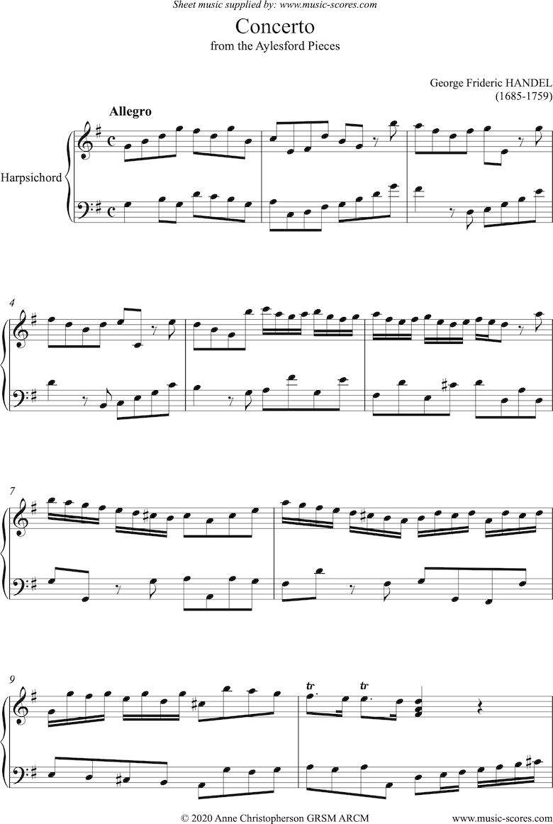 Front page of Concerto in G from the Aylesford Pieces: Harpsichord sheet music