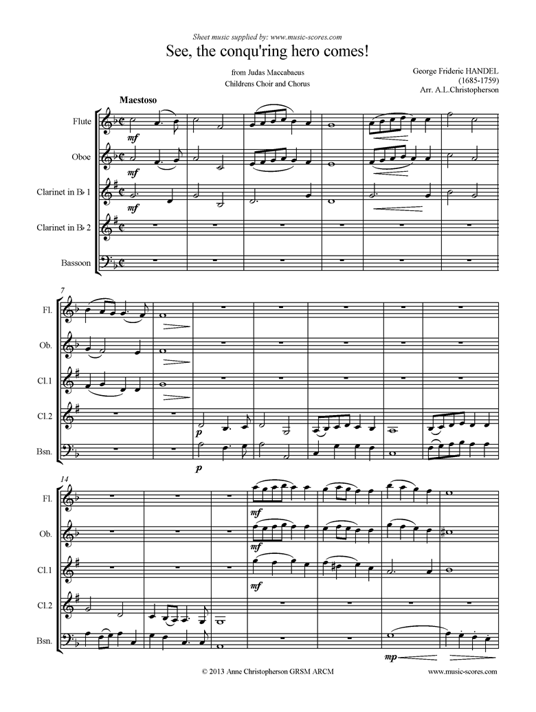 Front page of Judas Maccabaeus: See, the Conquering Hero: Wind quintet sheet music