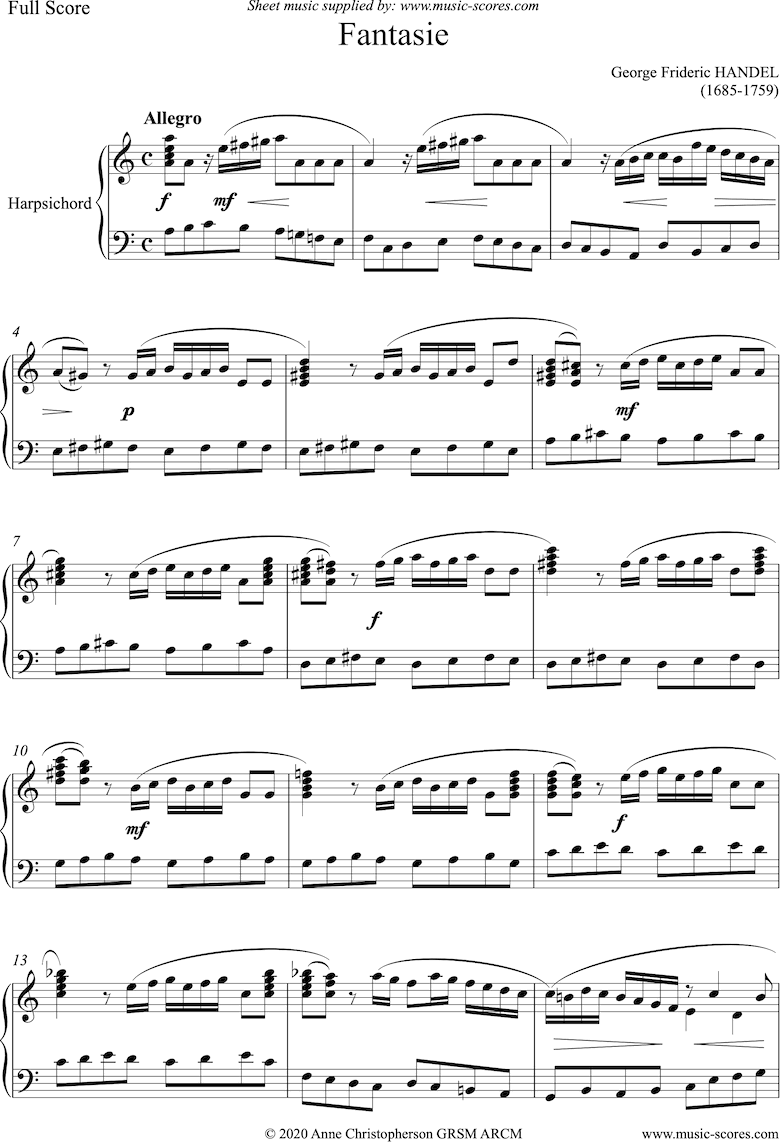 Front page of Fantasia in A minor: Piano or Harpsichord sheet music