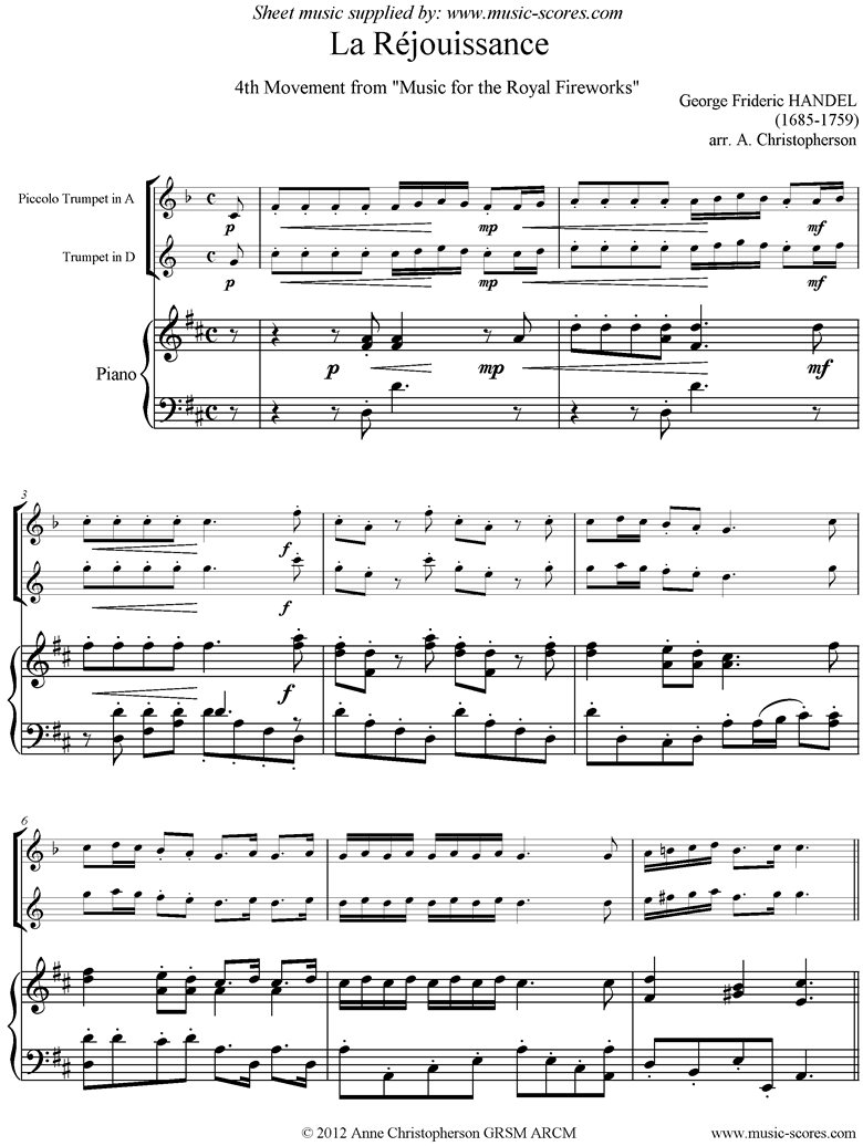 Front page of Fireworks Music: La Réjouissance: Trumpet sheet music