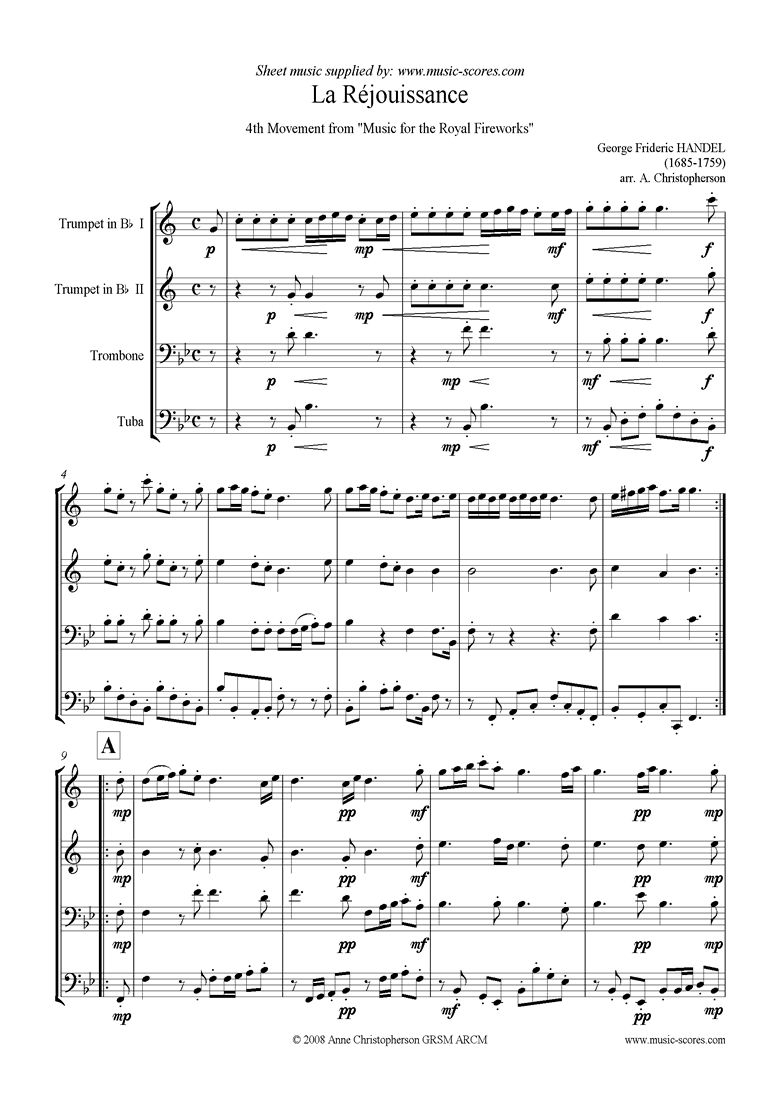 Front page of Fireworks Music: La Réjouissance: Brass Quartet sheet music