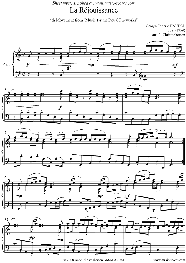 Front page of Fireworks Music: La Réjouissance sheet music