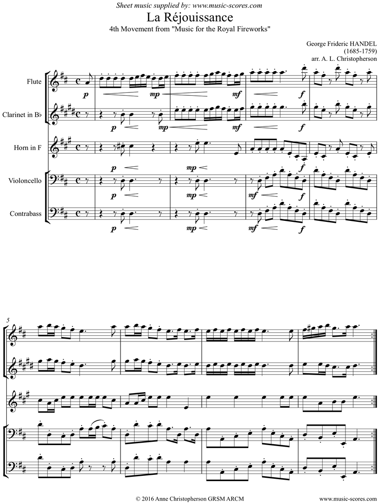 Front page of Fireworks Music: La Réjouissance: Flute, Clarinet, Horn, Cello, Contrabass sheet music