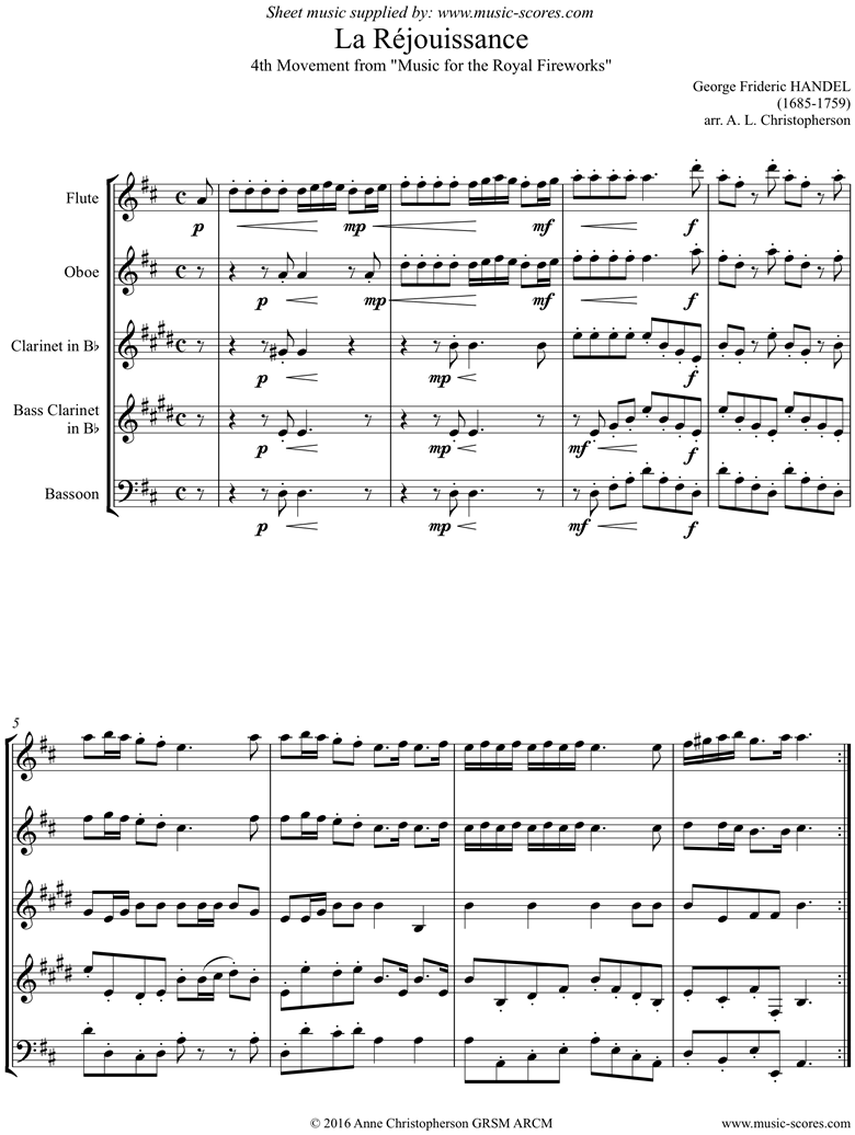 Front page of Fireworks Music: La Réjouissance: Flute, Oboe, Clarinet, Bass Clarinet, Bassoon sheet music